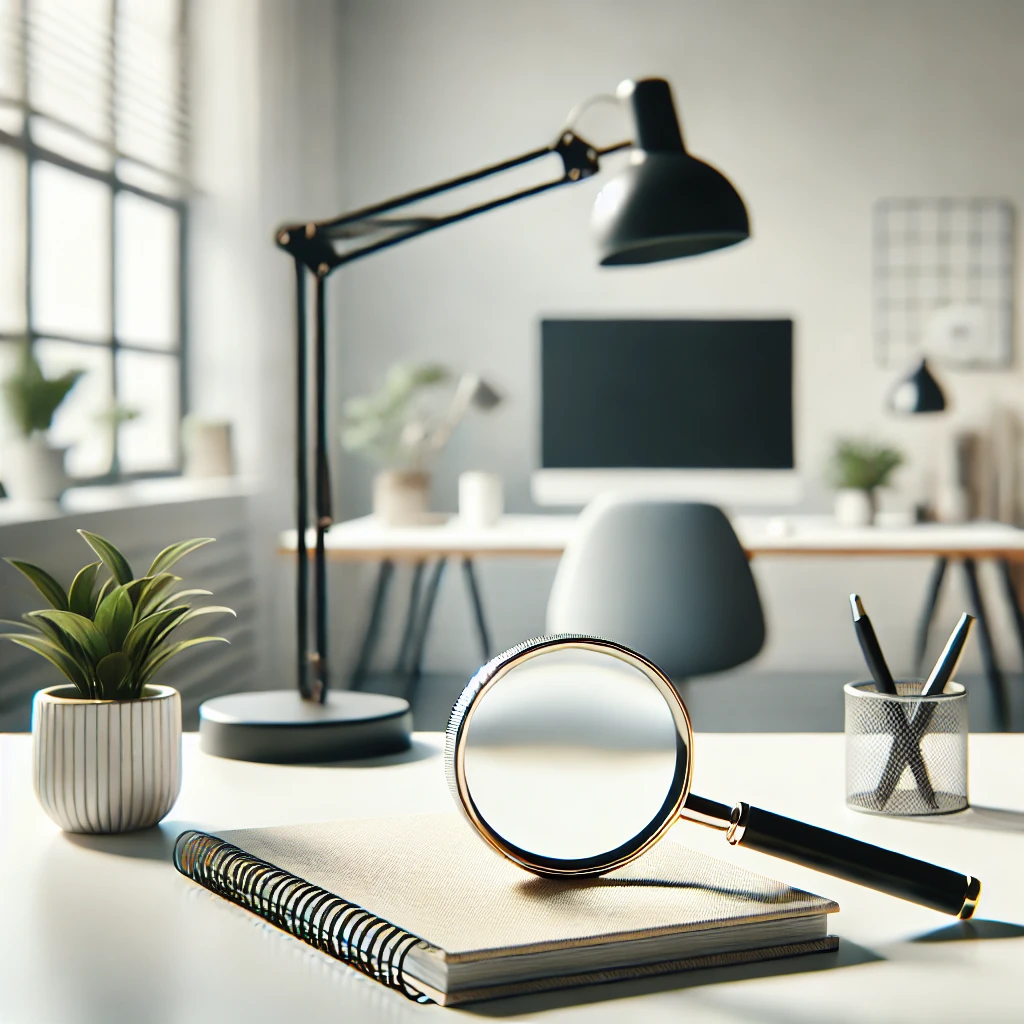 DALL·E 2024-11-20 18.25.22 - A simple and modern office scene with a minimalistic aesthetic. The focal point is a magnifying glass resting on a clean white desk, surrounded by sub