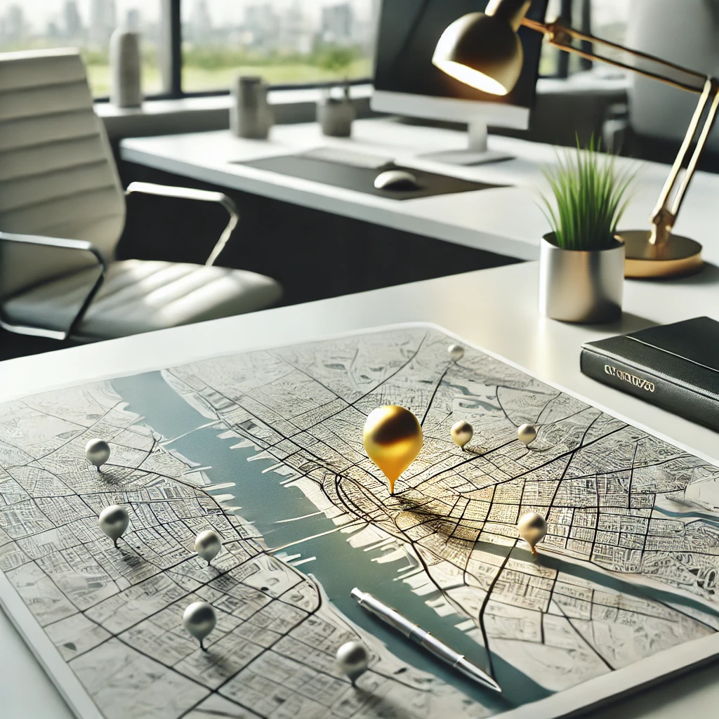 DALL·E 2024-11-20 18.38.10 - A modern office scene with a clean white desk featuring a detailed city map as the focal point. The city map is marked with several dull-colored pins