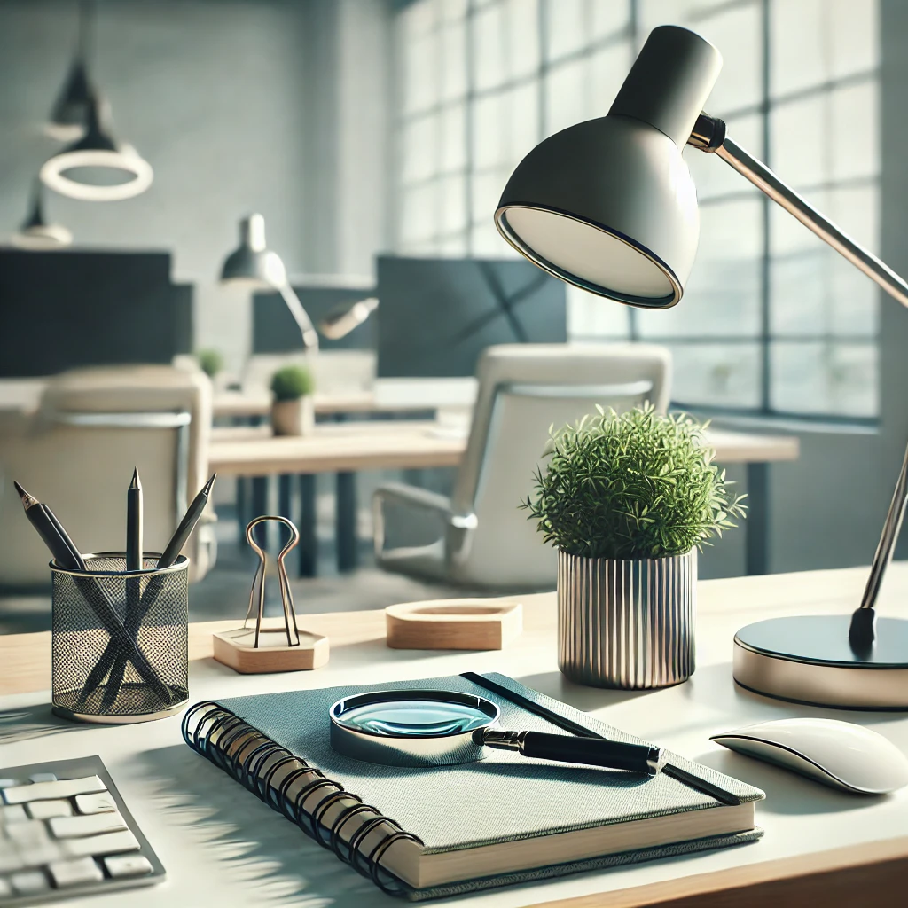 DALL·E 2025-01-25 21.50.23 - A modern and professional workspace scene with a magnifying glass placed on a notebook on a clean desk, surrounded by minimalistic decor like a small
